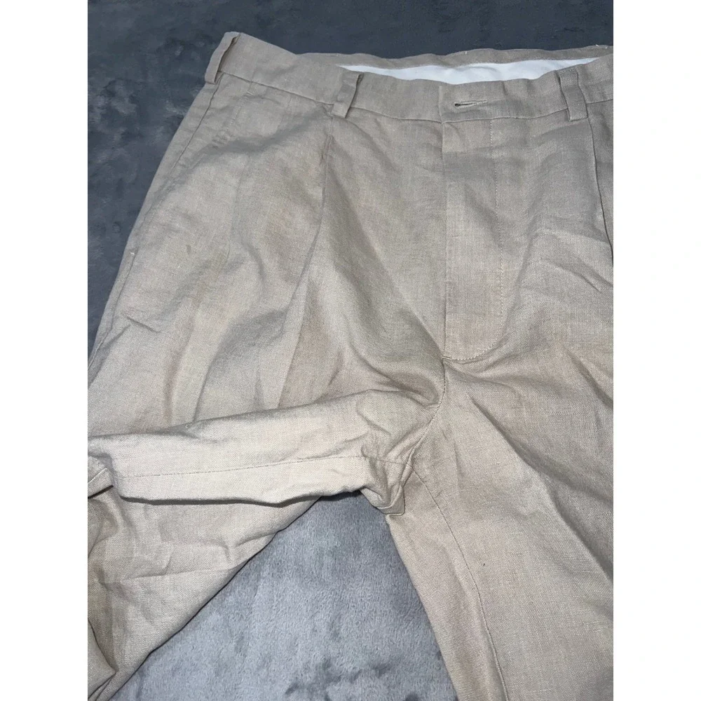 Roundtree & Yorke Gold Label Mens 34x30 Linen Cotton Pleated Khaki Pants Tan
